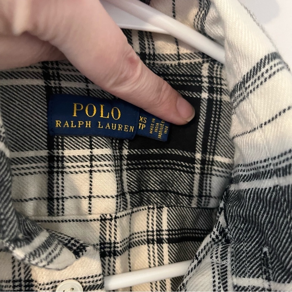 Polo Ralph Lauren Plaid Flannel Button Down Top Rhinestone Crest Black White XS - Picture 5 of 15